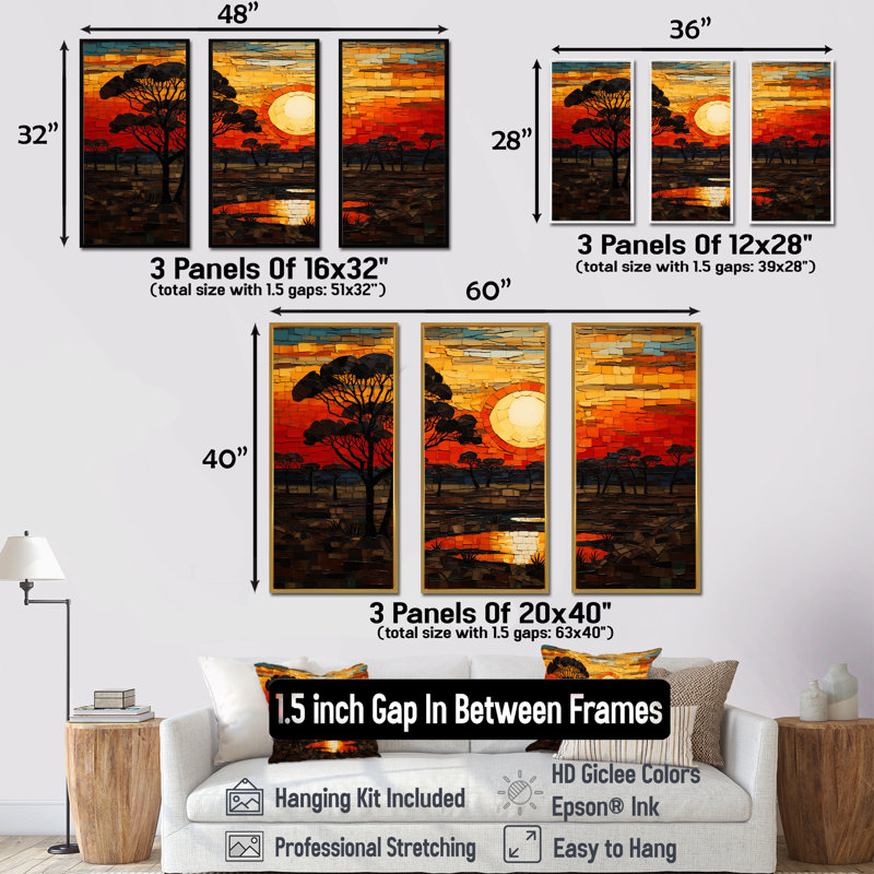 Savannah, coucher de soleil en safari africain dans les teintes 3 - Boho mosaïque, art mural, Cadre flottant noir