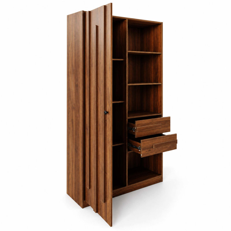 Armoire de rangement autoportante avec porte cannelée, 2 tiroirs et tablettes ouvertes, organisateur polyvalent pour diverses pièces