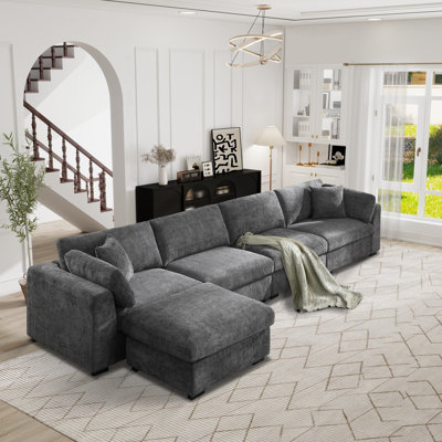 Oversized Modular Silod Wood Sectional With Ottoman