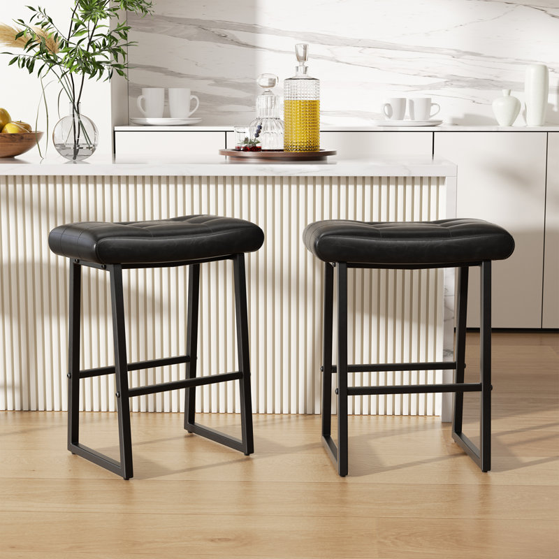 Faux Leather Wide Cushion Bar Stool With Metal Frame, 4, Black/Black