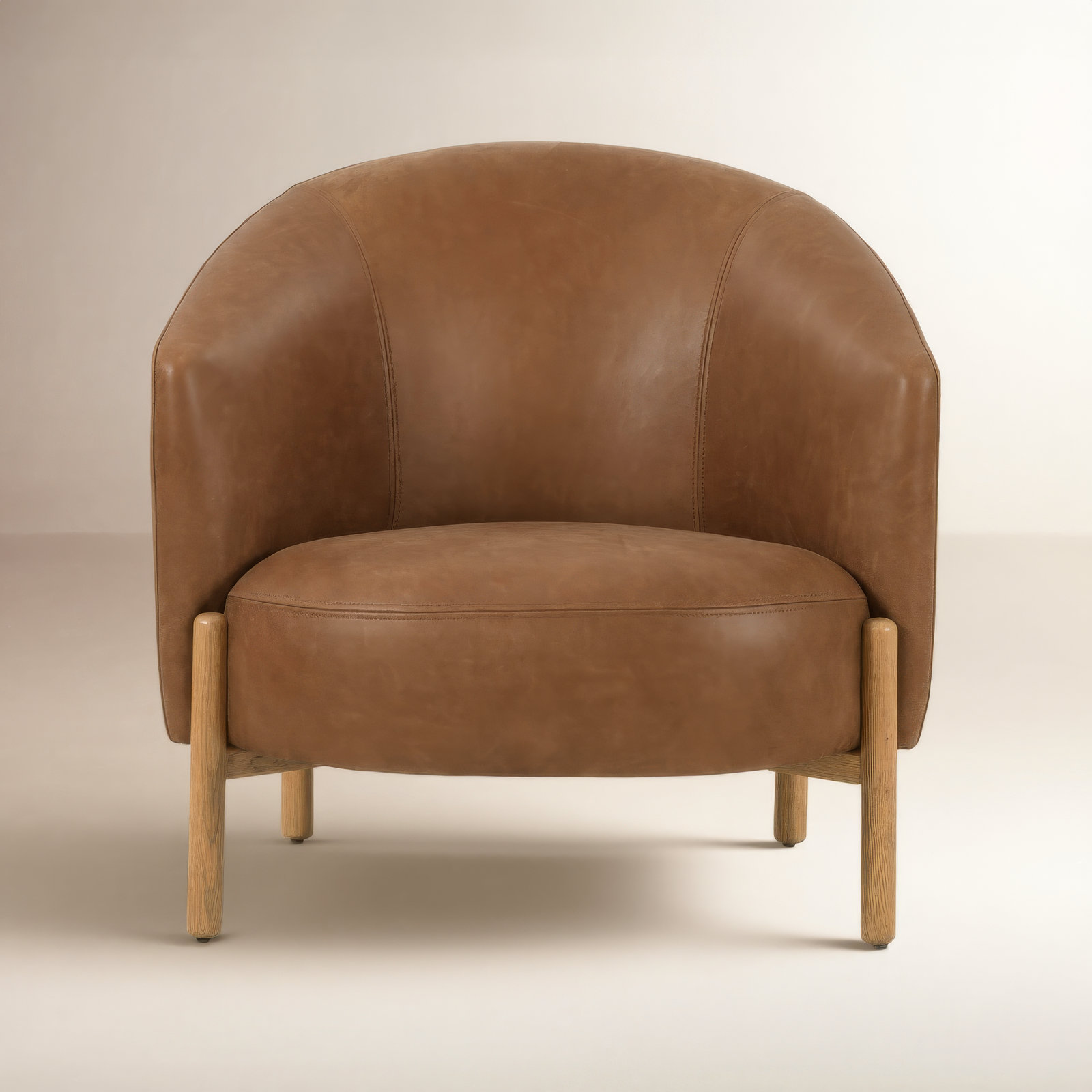 Beton Oak Genuine Leather Barrel Chair, Palermo Cognac Genuine Leather