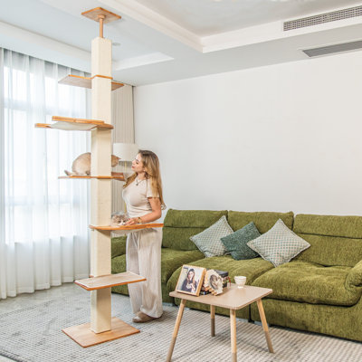 Square-Post Floor-to-Ceiling Cat Tree - Rubberwood, Sisal Posts & Linen Hammock - 203cm-223cm (80 in-87.8 in)