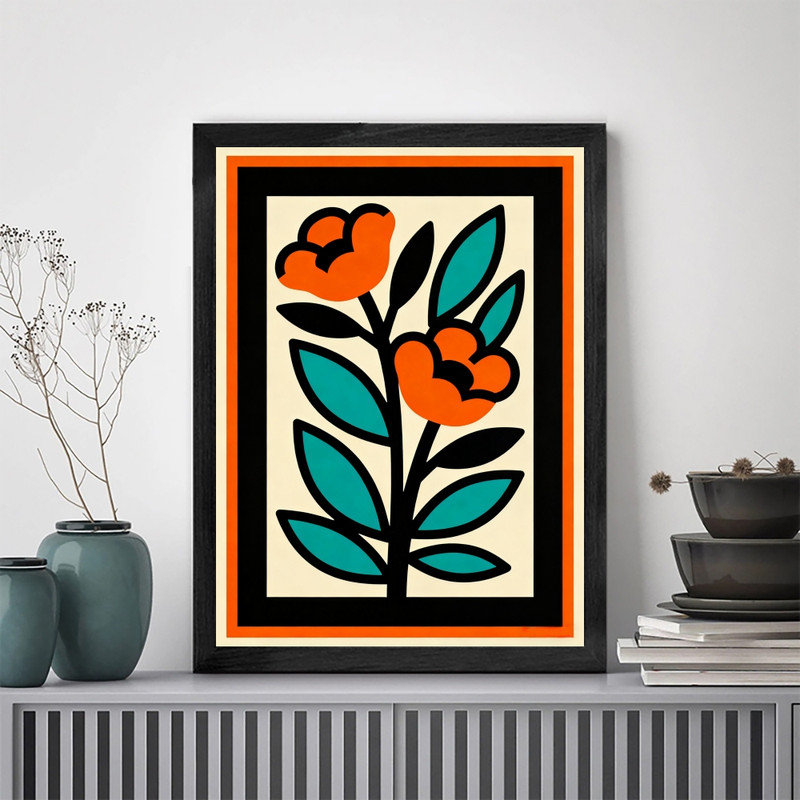 Art mural rétro noir avec motif floral - décorations bohème Mid-Century, H 11 po x l 9 po