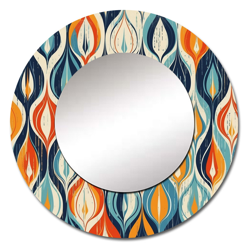 Orange et bleu Botanical Symphony III - miroir mural décoratif abstrait, miroir rond moderne, impression d'art en métal