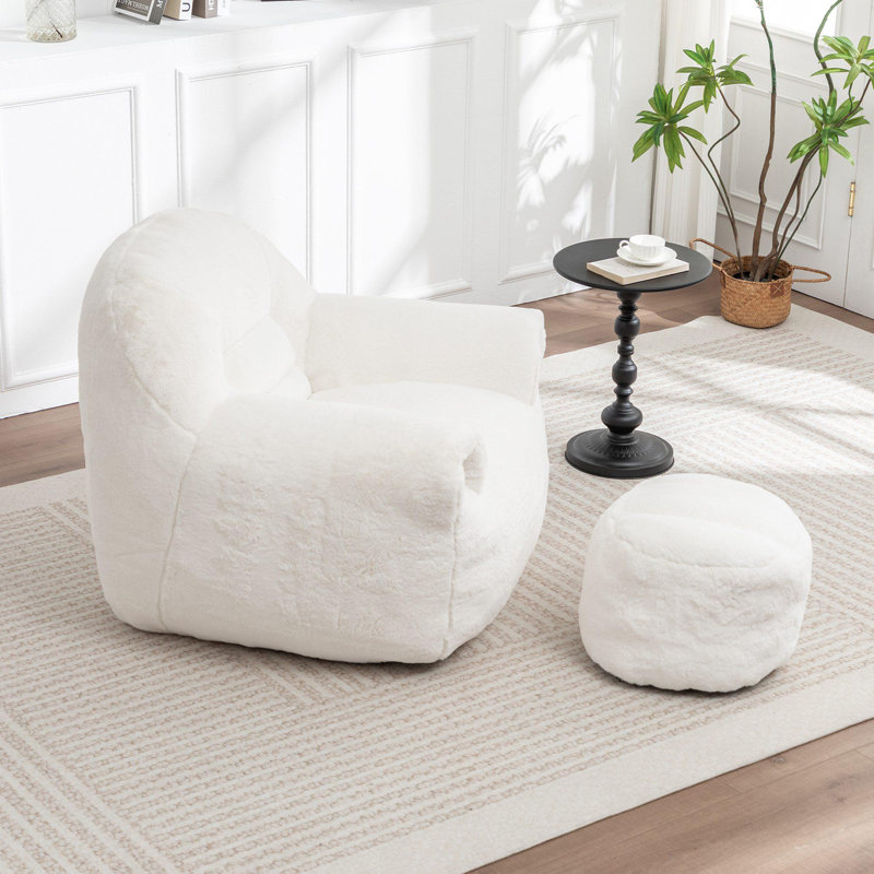 Fauteuil à billes avec dossier et repose-pieds, Fausse fourrure blanche