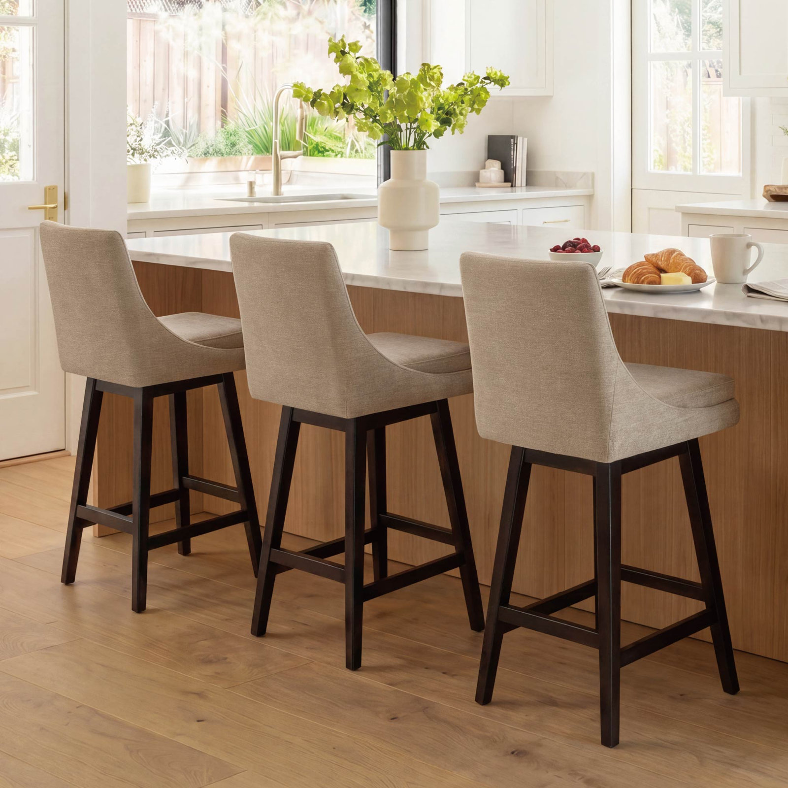 Zahara Swivel Bar Stool, Bar Stool (30” Seat Height), Tan Polyester/Brown