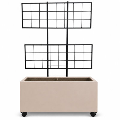 Pot de fleurs rectangulaire en polystone lisse avec treillis et roues en acier, sable