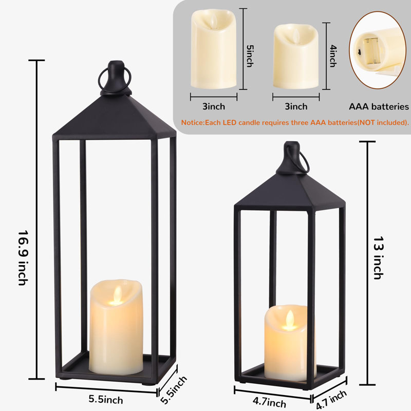Lanterns Decorative Outdoor Indoor, Set Of 2 Black Vintage Lantern With LED Pillar Candle, Modern Farmhouse Lantern Decor For Room, Christmas Lanterns Decorative For Porch, Garden