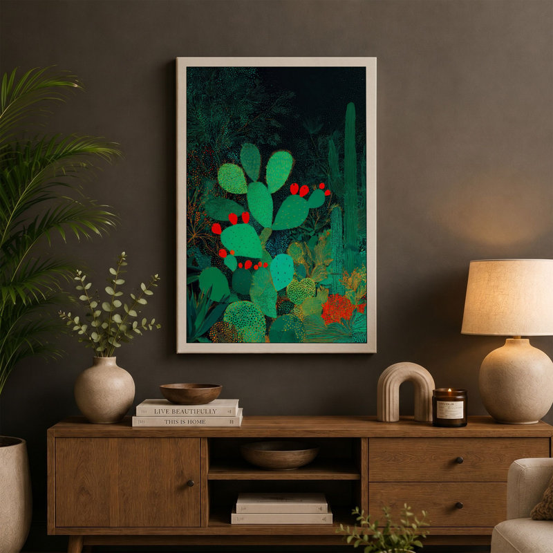 Desert Garden Botanical 1 Piece Wrapped Canvas Wall Art, 30x20 - 76.2 x 50.8 cm, Teal Border