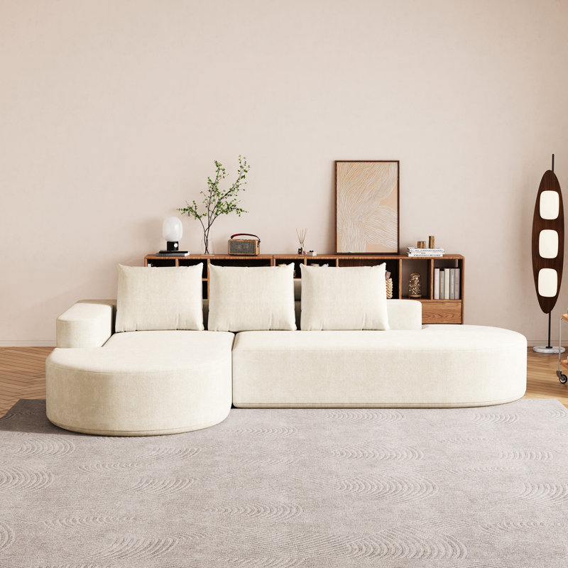 Canapé modulaire rembourré en L 3 places en L avec tissu haute résilience, bords arrondis, coussins décoratifs, siège confortable pour le salon, combinaison, beige, coussins,