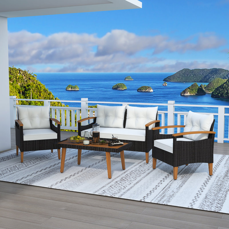 ENSEMBLE DE SIÈGE DE 4 PIÈCES EN PATIO DE PETIT DE PETIT RATTAN PETIT, Beige