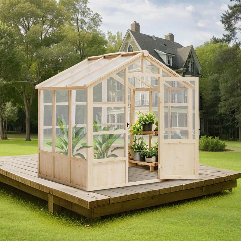 Greenhouses for Outdoors with Lockable Door, Solid Wood Frame & Adjustable Vent, Polycarbonate Panel Heavy Duty, Light Brown