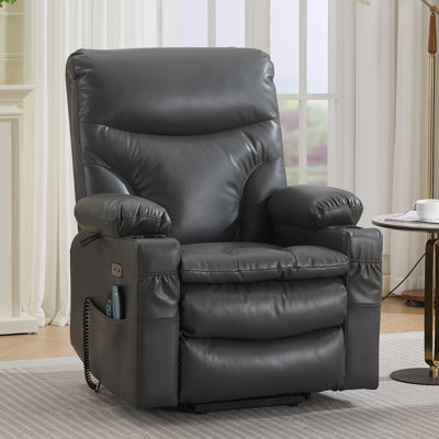 37.5" Wide Power Lift Recliner With Heat And Massage,Faux Leather, USB Port & Cup Holders
