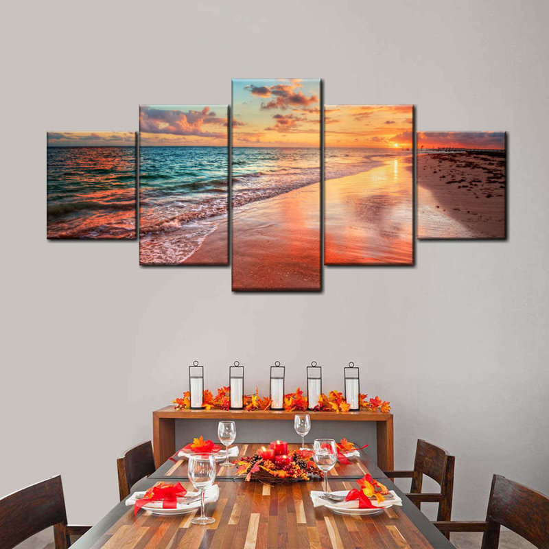 Scène de plage colorée sur toile, ensemble de 5 pièces, H 24 po x l 55 po x P 1,25 po