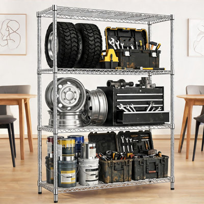4-Tier Wire Storage Shelves Carbon Steel Silver Finish Heavy Duty Adjustable Storage Unit for Garage, Pantry and Kitchen