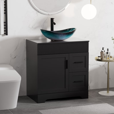 Ensemble de meuble-lavabo simple autoportant de 30 po Akron avec plateau en bois manufacturé, lavabo vasque, robinet et drain, peint à la main résistant à l'eau