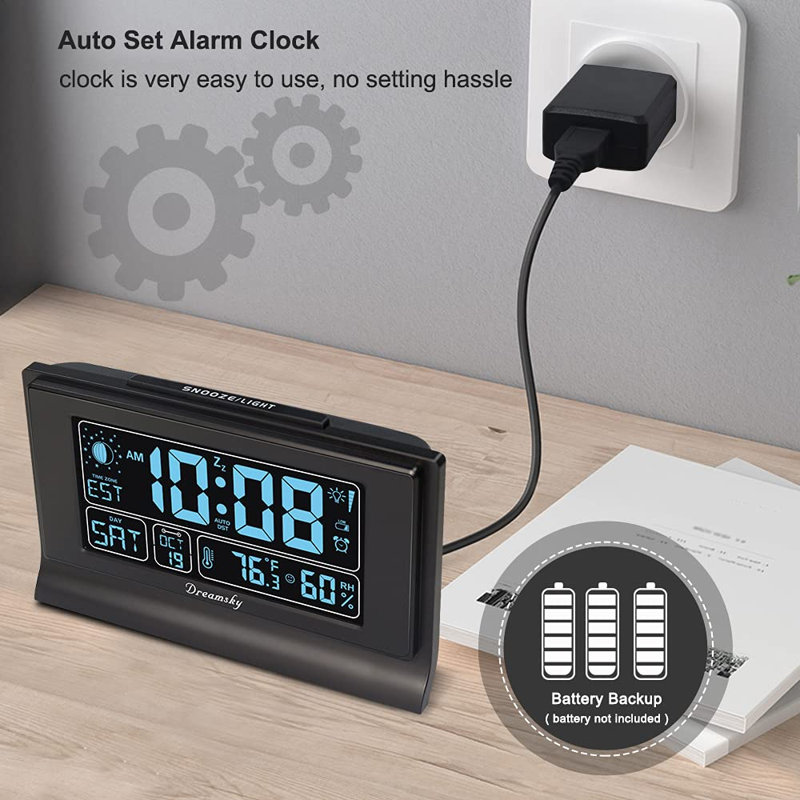 Réveil-matin numérique Dreamsky avec grand écran, température et humidité, luminosité à 6 niveaux, chargement USB, pile de secours, noir