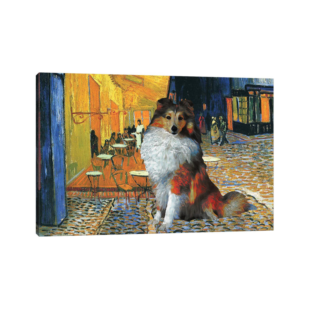 Shetland Sheepdog Sheltie Café Terrace at Night - Wrapped Canvas Art Prints