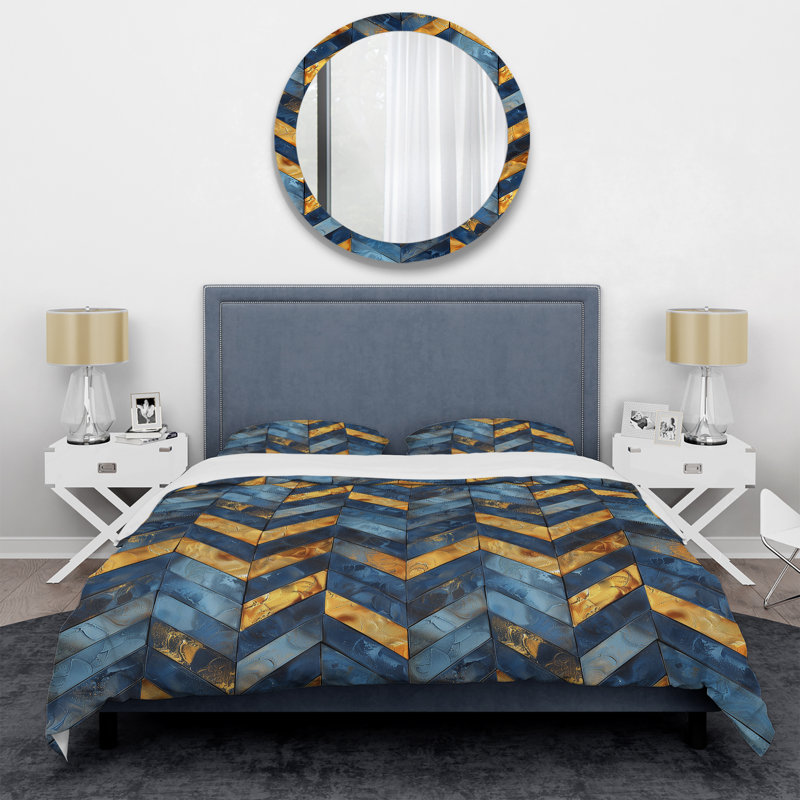 Ensemble de housse de couette transitionnel bleu doré à chevrons Glamour VII