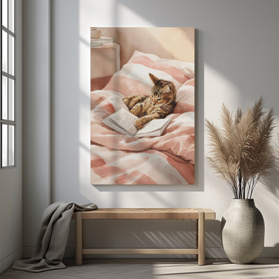 1pc Framed Canvas Wall Art Prints Poster, Cat Reading Print Bedroom Decor, Reading Wall Art, Library, Book Lover Art Posters Canvas Print Painting for Living Room Bedroom Office Bathroom Dorm Home Decor, Ready To Hang