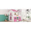 Lit double superposé en bois avec fenêtres élégantes, rebords et tente, rose et blanc-949523850