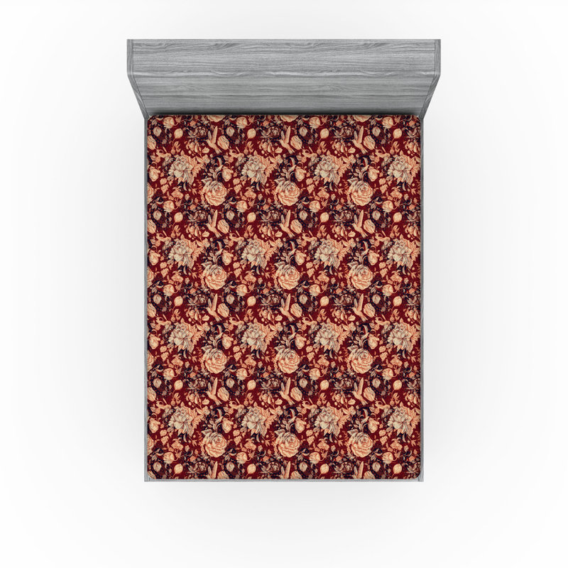 Drap-housse à motif floral Ambesonne, Drap-housse de taille très grand, Bourgogne, jaune souci, indigo / floral