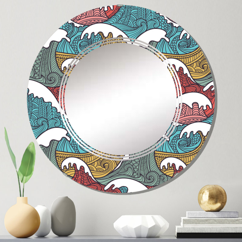Vagues japonaises rouges, bleues et grises rondes - miroir mural nautique et côtier, 24 po x 24 po
