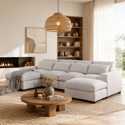 Tatman Linen Blend Sectional With 2 Ottomans