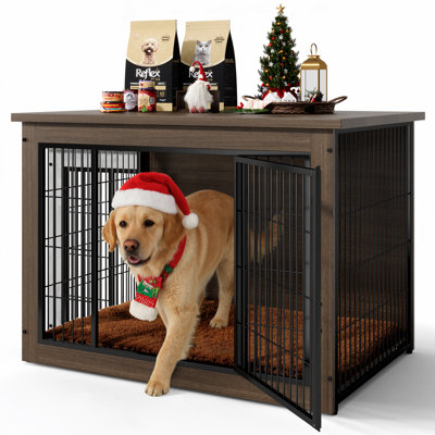 Meuble de caisse en bois pour chien avec portes avant et latérales et coussin épais | Chenil robuste, table de bout latérale, conception anti-mâcher pour petits et grands chiens