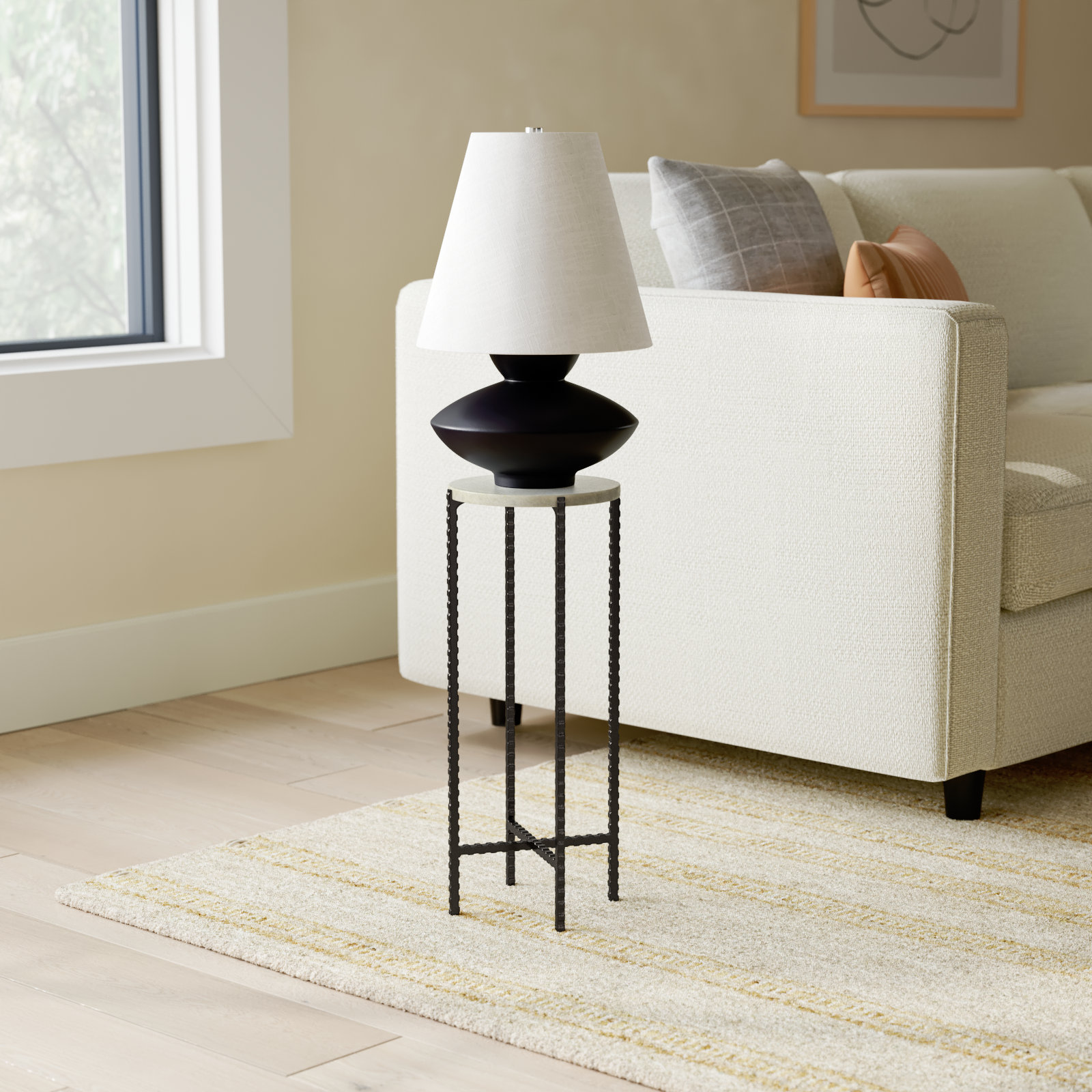 Lia 9" Genuine Marble End Table, White Marble/Black