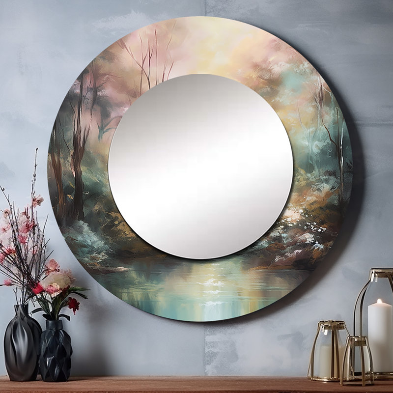 Rafale fantaisiste Rafat - grand miroir mural, miroir mural rond beige, impression d'art en métal, 29 po x 29 po