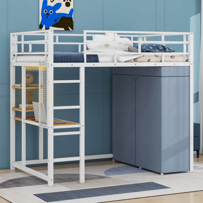 Lit mezzanine en métal avec bureau, tablettes, prise de courant, lumière DEL et garde-robe