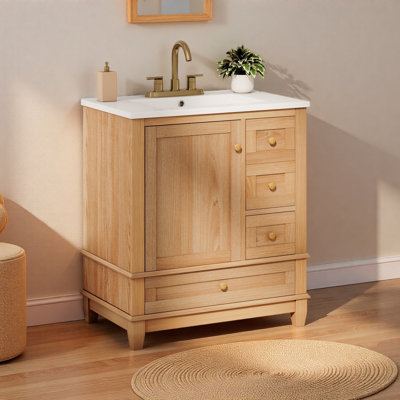 Meuble-lavabo sur pied 30 po avec lavabo en céramique, meuble de salle de bain autoportant avec grain de bois naturel, pieds en bois d'hévéa massif