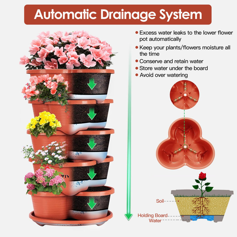 Tour à fleurs verticale empilable à 5 niveaux - pour fraises, herbes et légumes