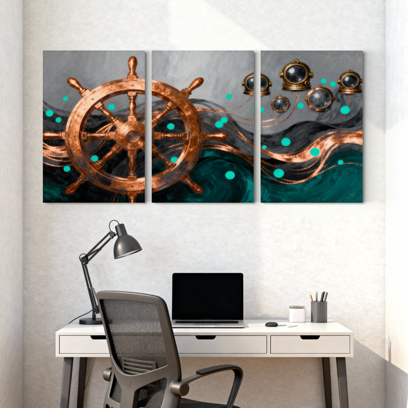 Nautique et plage, roue nautique, vagues, hublots, sarcelle, détails cuivrés, ensemble de 3 impressions sur toile