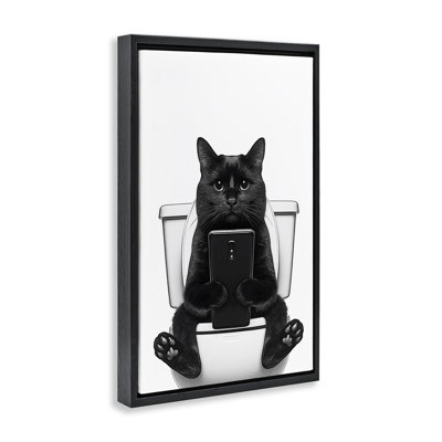 Cat Texting on Toilet Black Framed Floater Canvas by Annalisa Latella