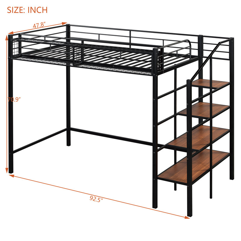 Twin Size Metal Loft Bed with Upper Grid Shelf & 4-Layer Storage Ladder, Space-Saving Black Design — Black Elevated Space-Saving Bed