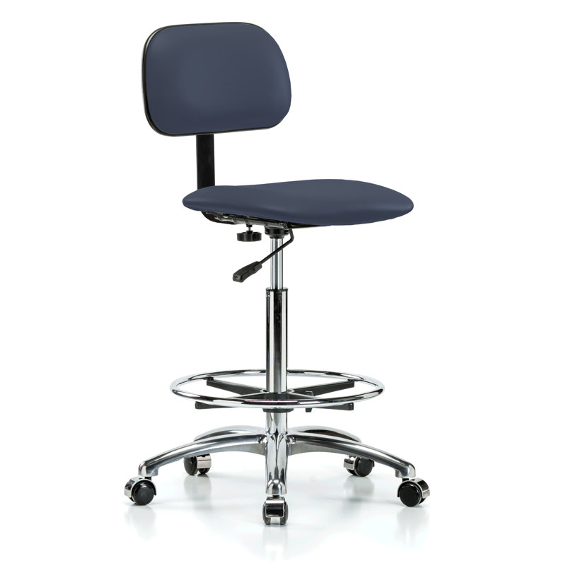 PERCH Chrome Lab Chair with Adjustable Backrest and Foot Ring | High Bench Height 24-33.5", Imperial Blue Vinyl