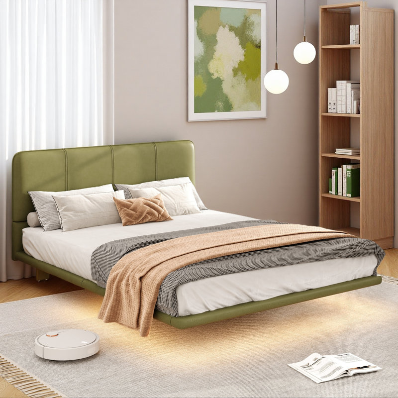 Cadre de lit flottant avec lumière DEL, aucun sommier requis, assemblage facile, Lit double , Vert