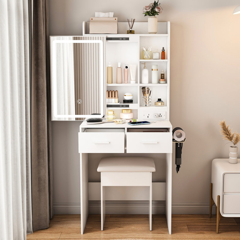 White Dressing Table With 3 - Level Dimmable Led Lights, 2 Drawers, Built In Power Outlet, Hair Dryer Stand, And Upholstered Stool, Ideal For Small Bedrooms Space Saving