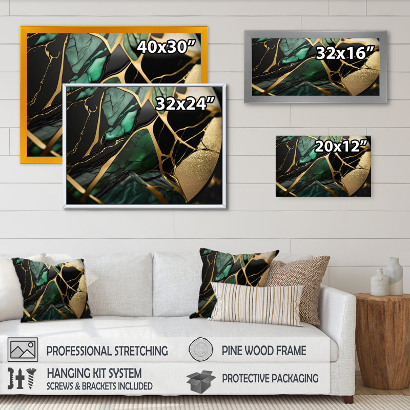 «Abstract Geode Green III», reproduction sur toile, Cadre simple noir, H 30 po x l 40 po x P 1,5 po