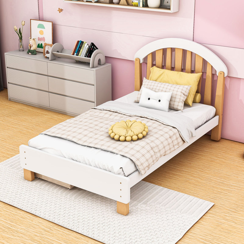 Lit plateforme simple en bois avec tablettes, Lit simple, Blanc naturel