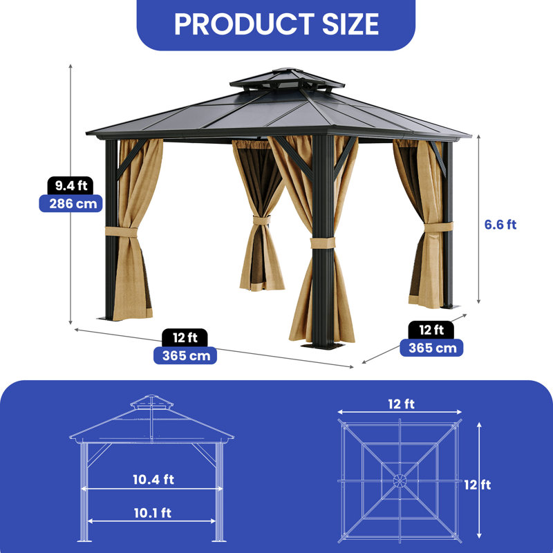 Brown 12ft x 12ft Double Roof Hardtop Gazebo with Netting & Curtains