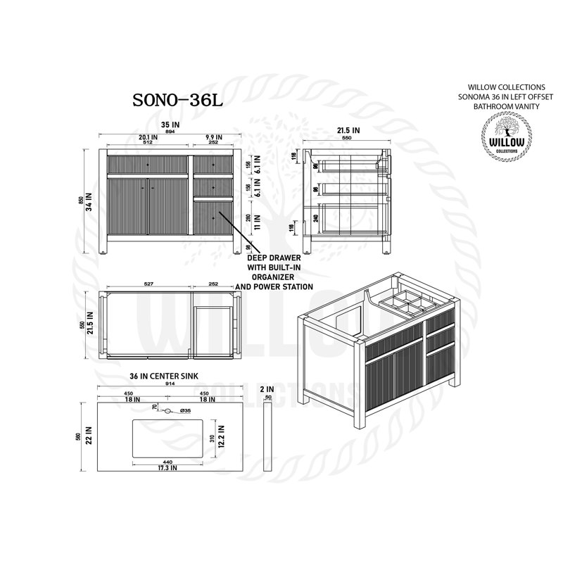 Ensemble de meuble-lavabo simple l 36 "x P 22" Sonoma, Noir, Empira blanc