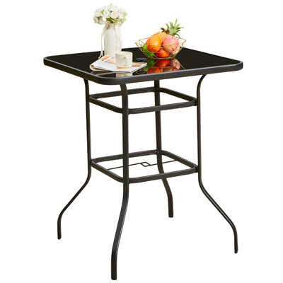 32'' Outdoor Bar Table, Metal Outdoor Table With 1.57'' Umbrella Hole, High Top Patio Bar With Tempered Glass For Balcony, Backyard, Poolside, Garden, Black