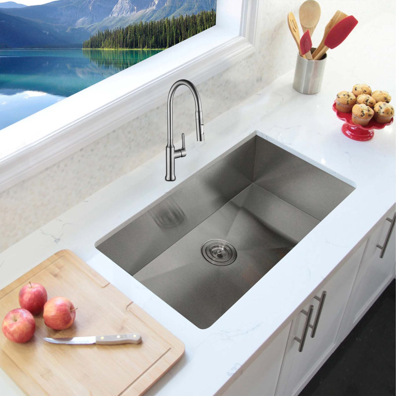 KBFmore 32 Inch Single Bowl Stainless Steel Handmade Kitchen Sink with 3 Pieces Sink Accessories