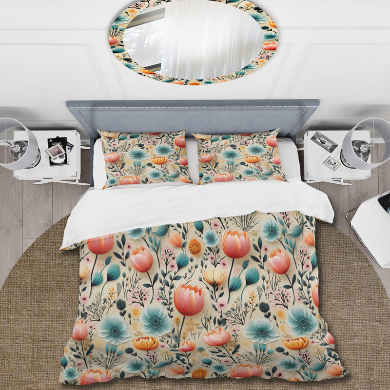 Playful Floral Ivory And Blue Delight I - Ensemble de housse de couette à motif floral
