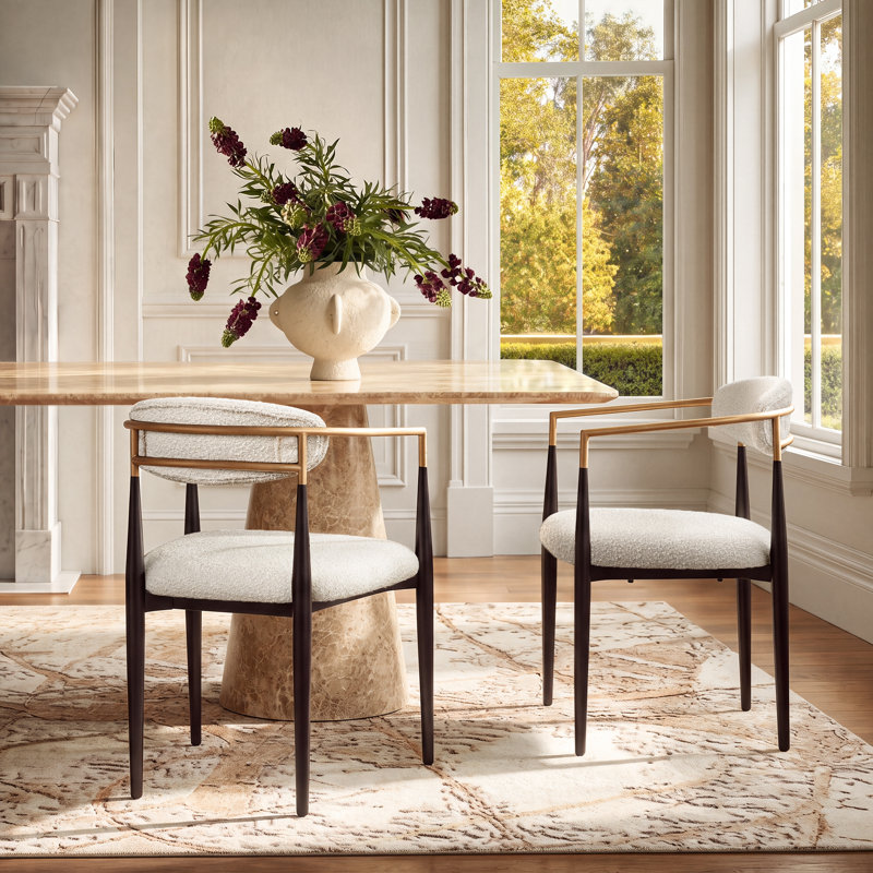 Chaises de salle à manger rembourrées en métal, Beige bouclé, Noir