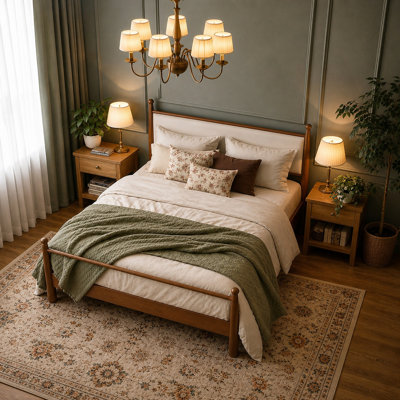 Wood Platform Bed Frame with Upholstered Headboard