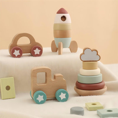 Freniland - Vehicle Adventure Gift Set for Babies 10+ Months,4-in-1 Wooden Stacker, Train, Rocket,Car